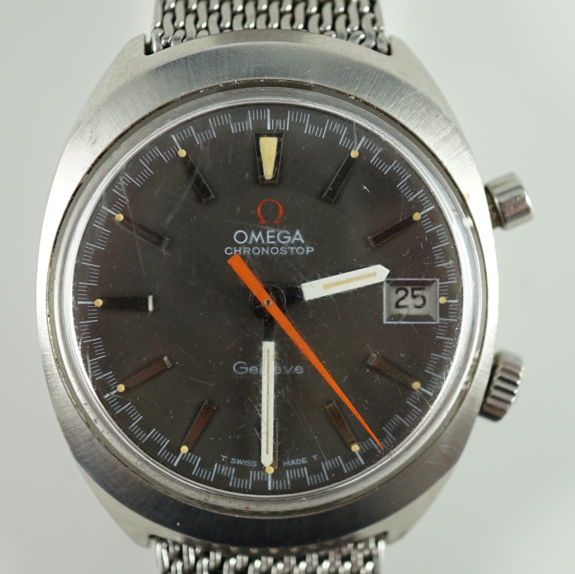 A gentleman's 1970's stainless steel Omega Chronostop manual wind wrist watch, on stainless steel Omega mesh link bracelet, case diameter 35mm, no box or papers.